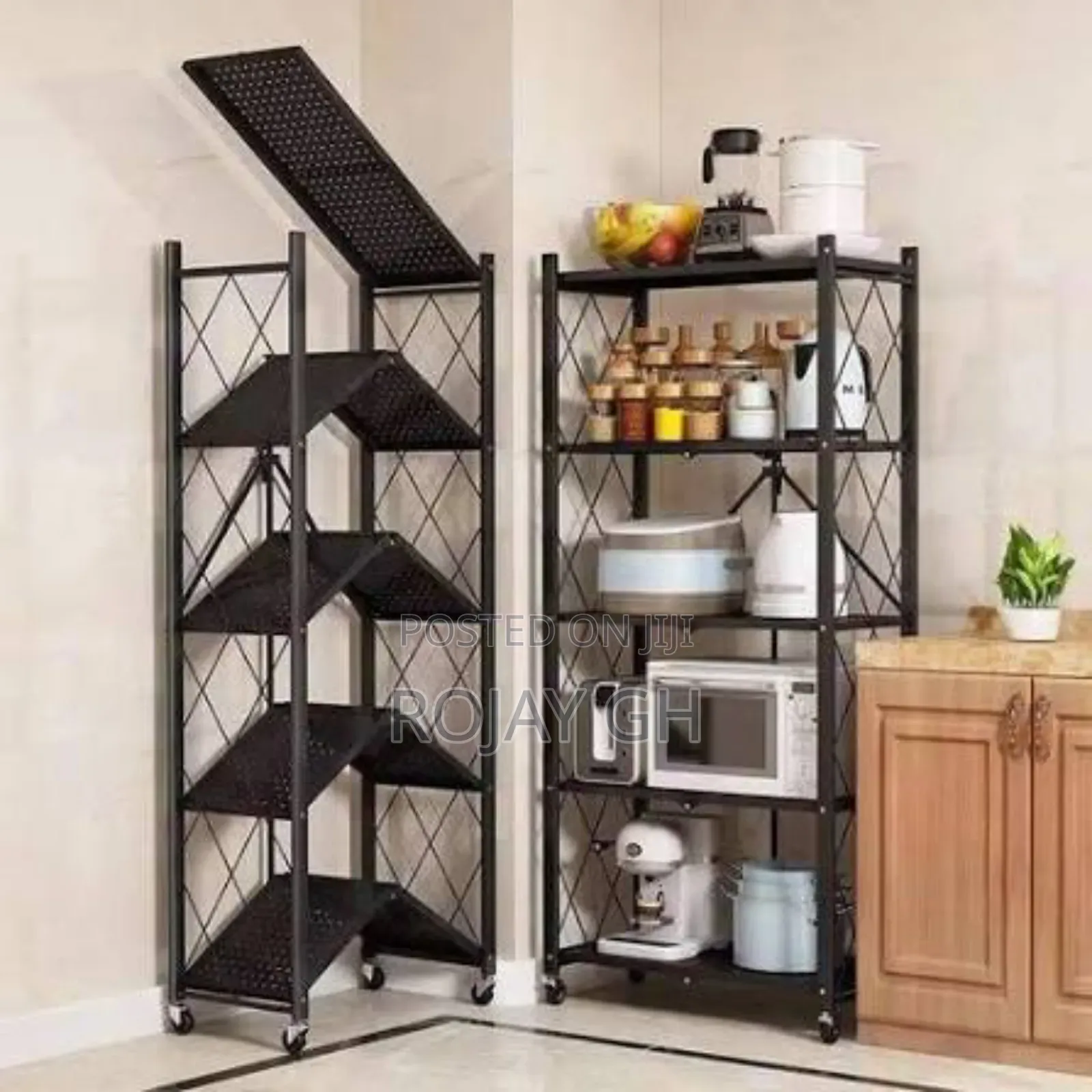 5-Tier Heavy Foldable Storage/Kitchen Duty Rack With Wheels - Black