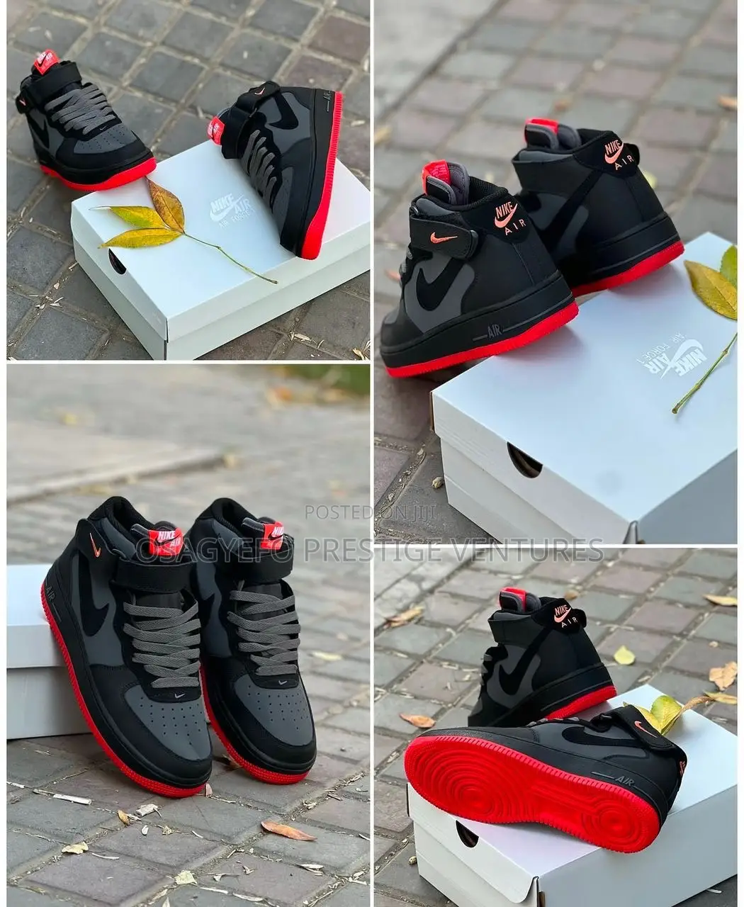 Black/Red Nike Mid-Top Af1 With Ankle Strap