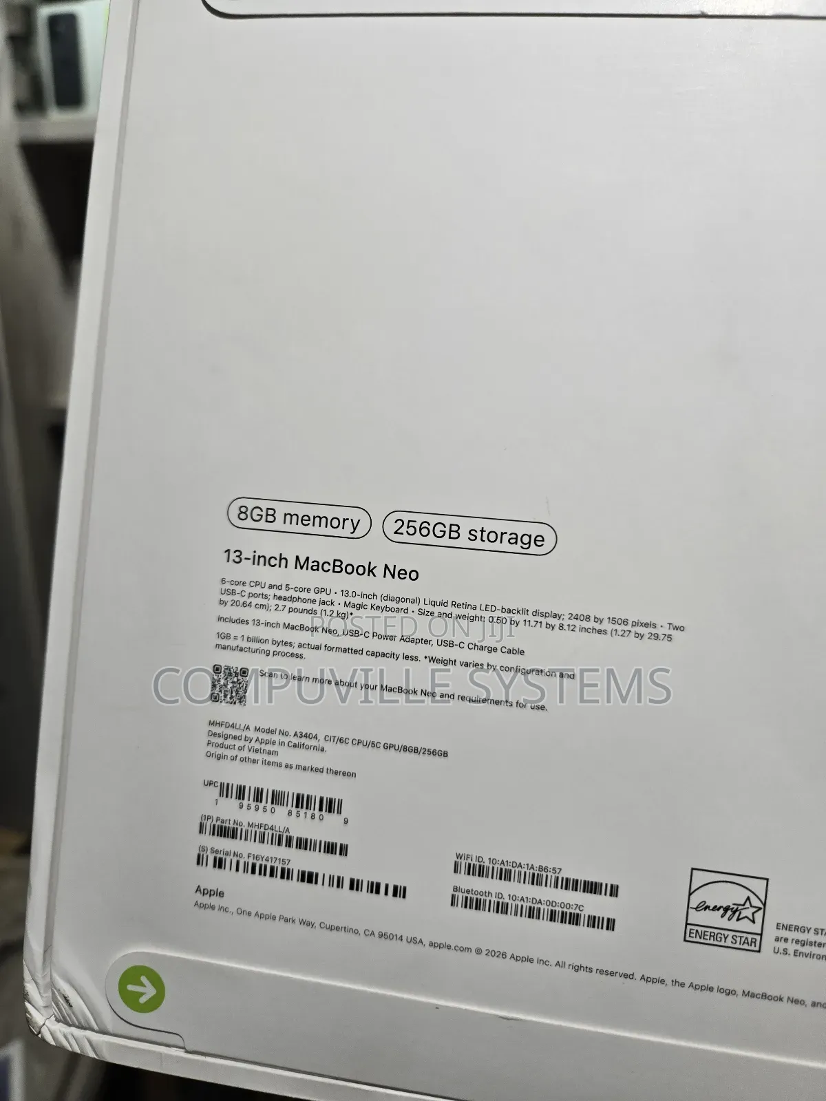 New Laptop Apple MacBook Neo 2026 8GB Apple M5 SSD 256GB