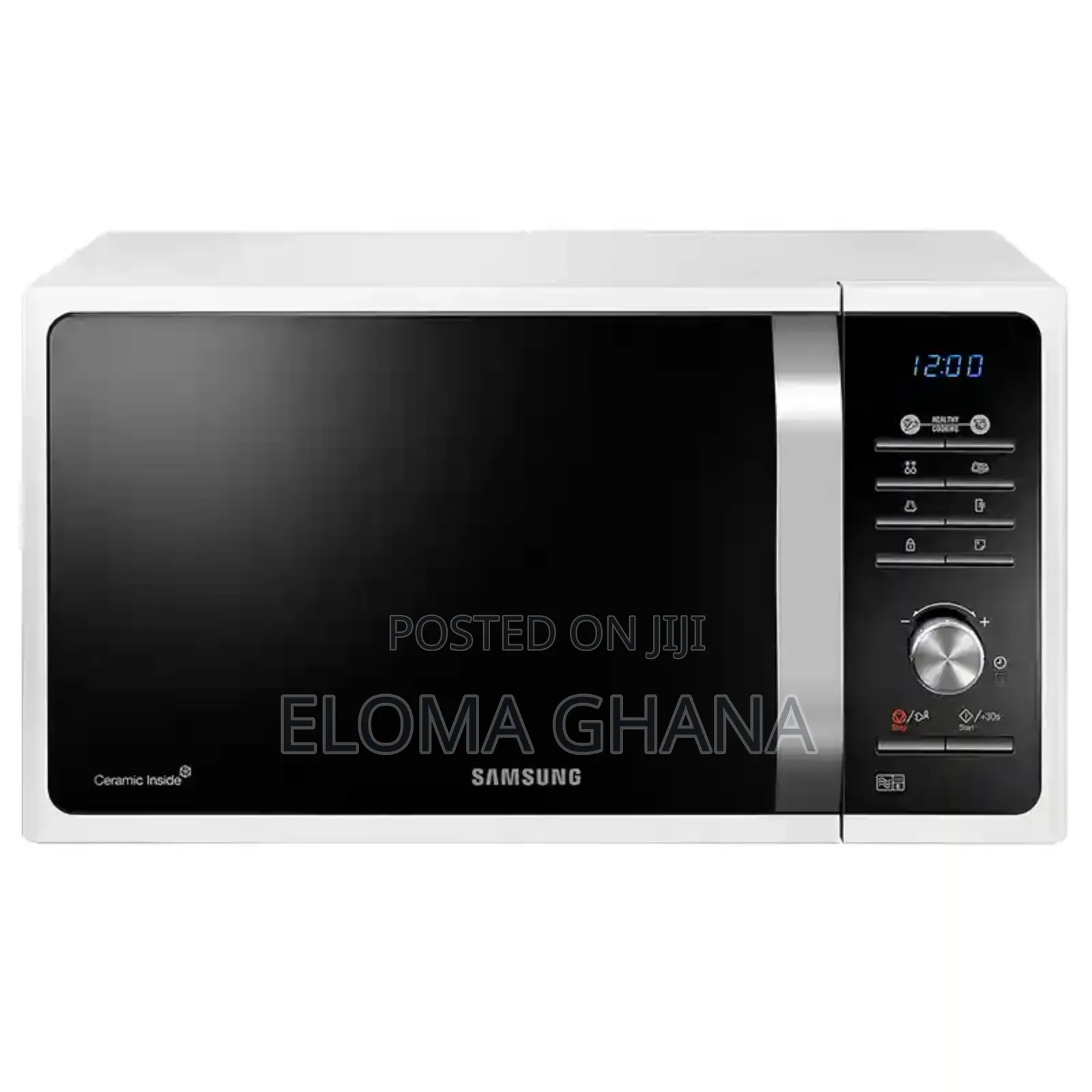White Exterior 23-Liter Samsung Ceramic Inside Solo Microwave Oven.