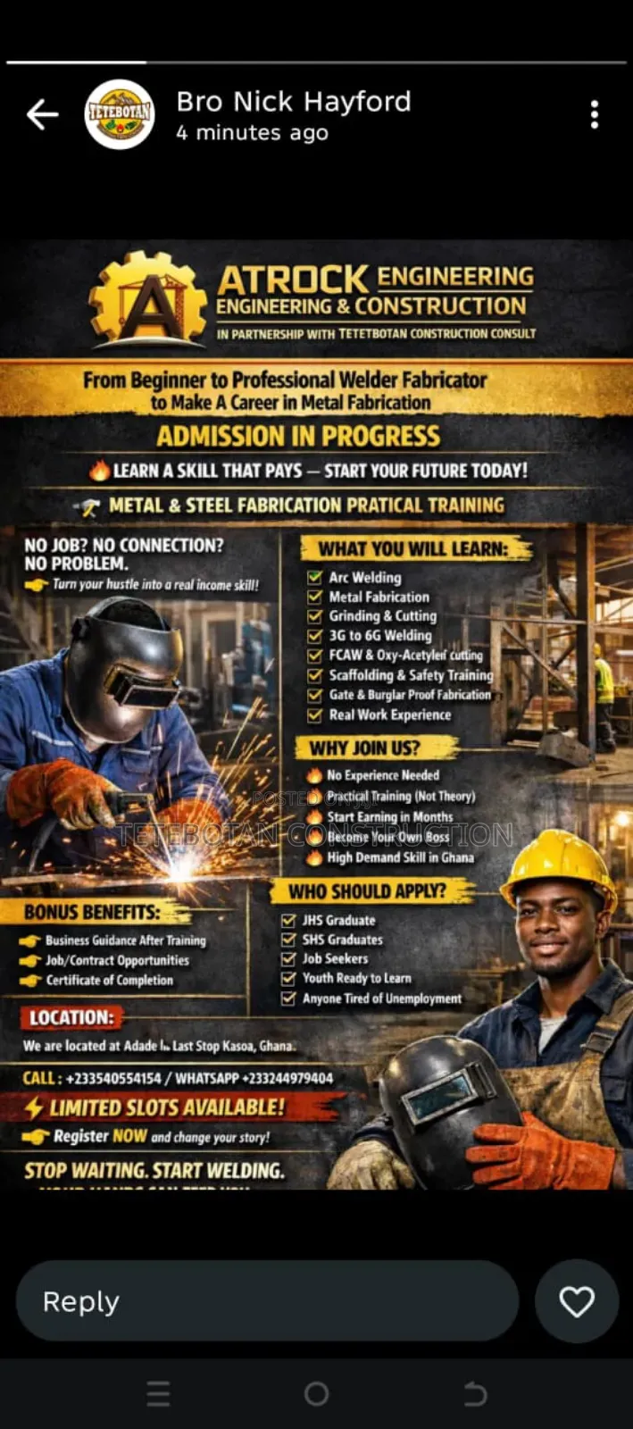 Metal Fabrication Practical Training Admission in Progress