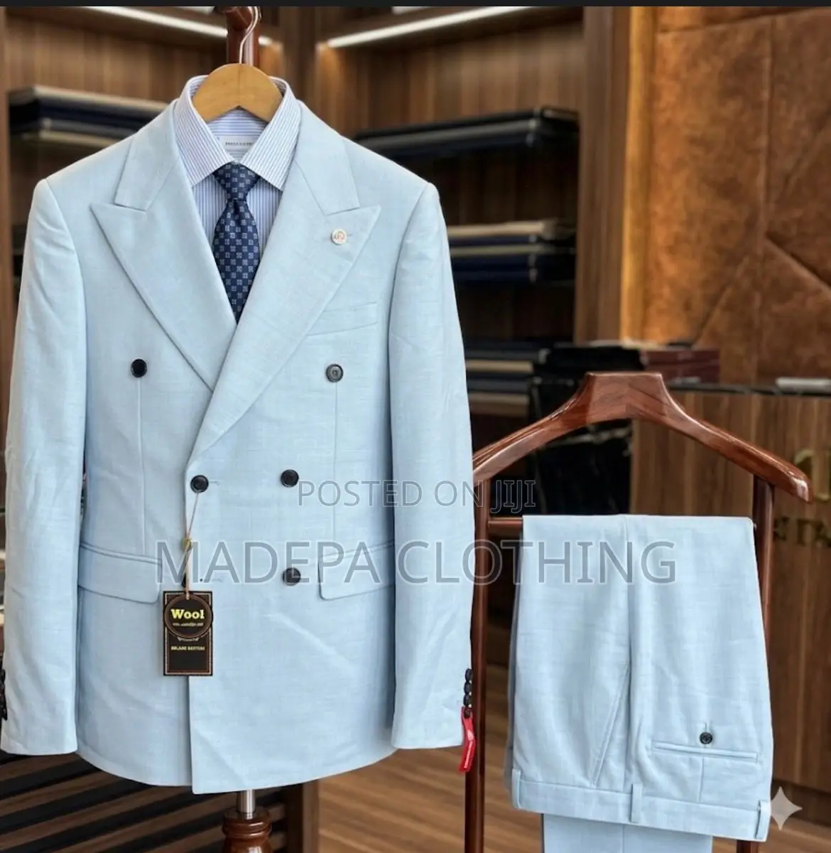 Elegant Light Blue Double Breasted Wool Suit-Brand New