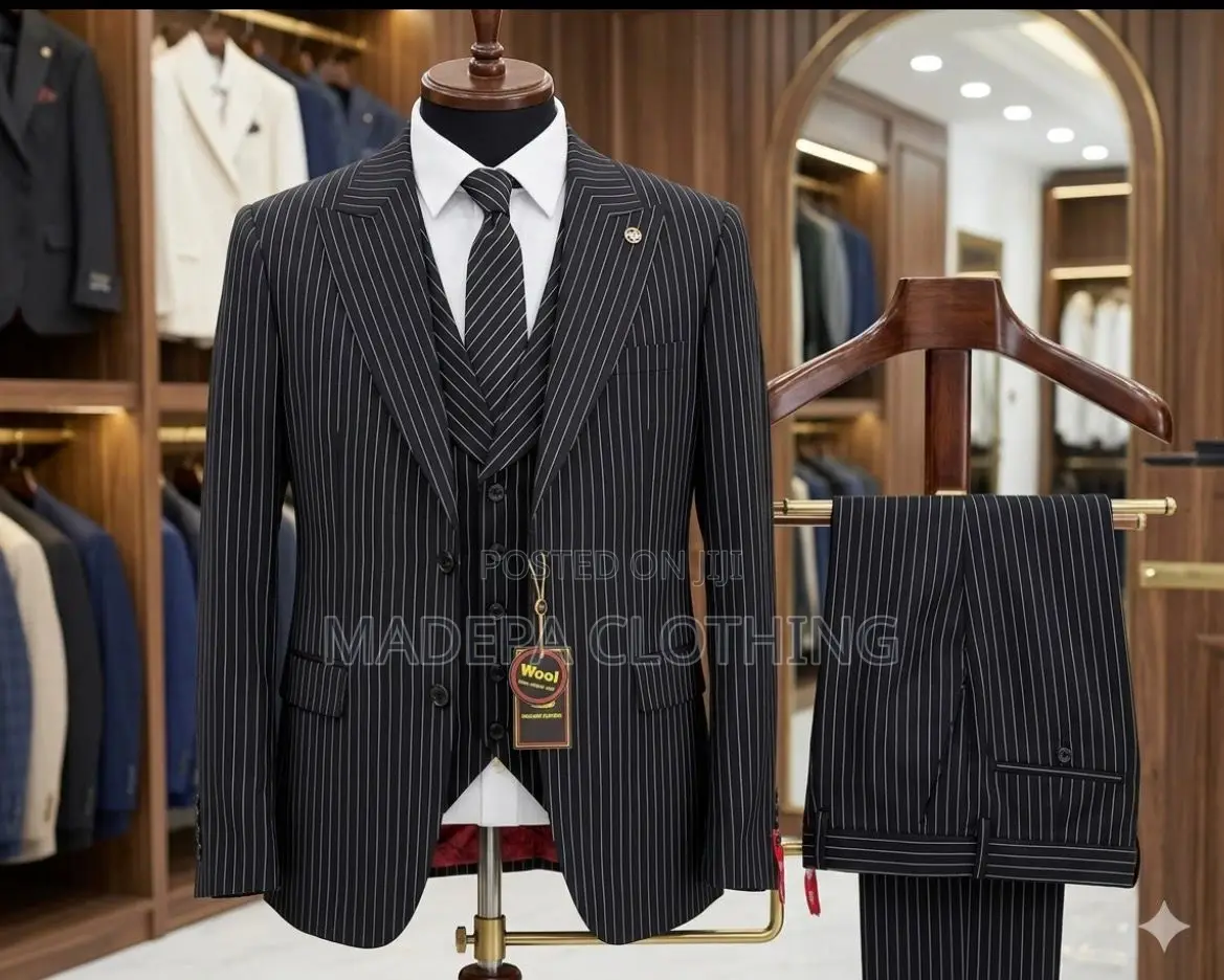 Elegant Black Double Breasted Suit With White Piping