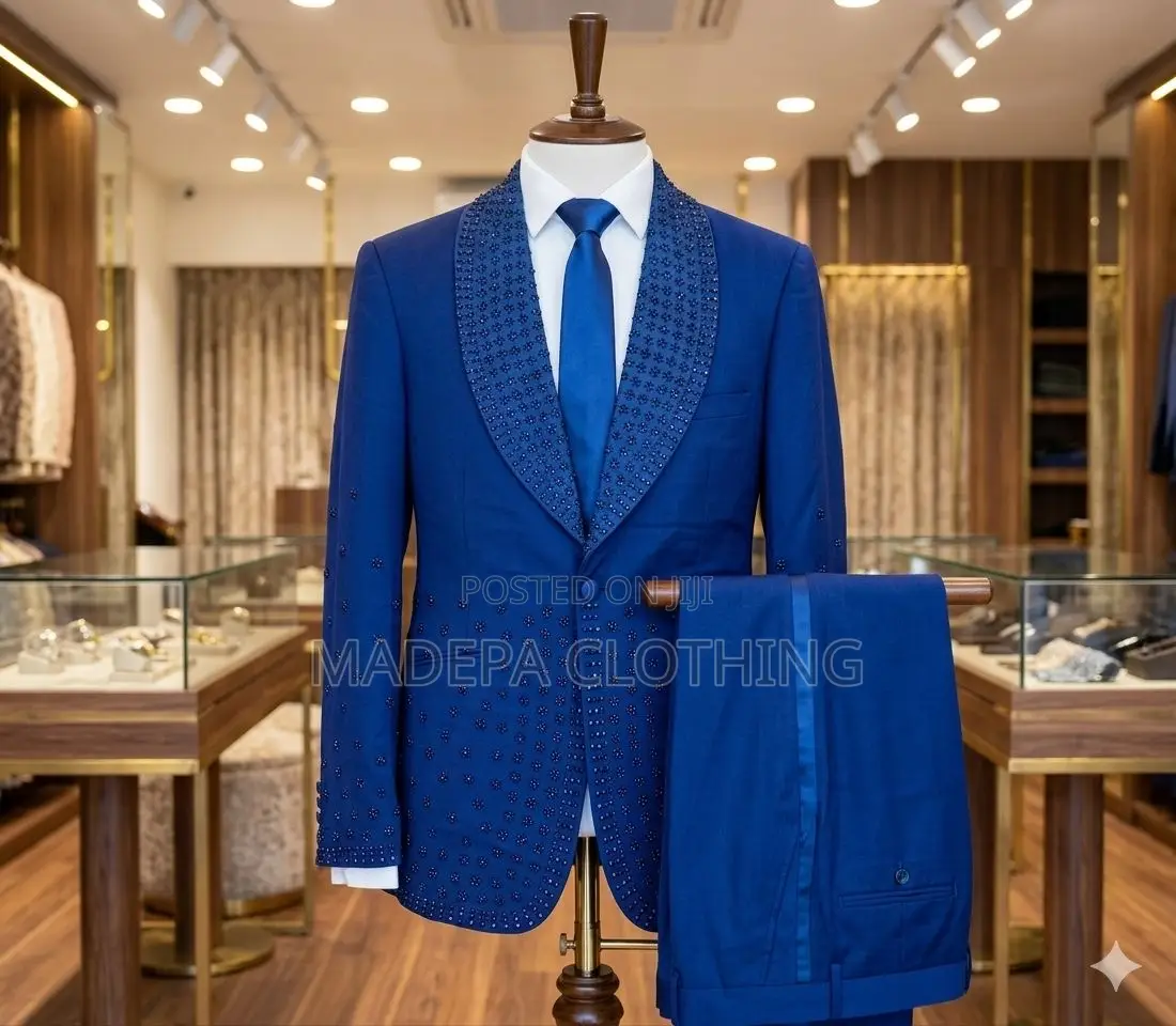 Luxury Royal Blue Beaded Shawl Lapel Tuxedo Suit
