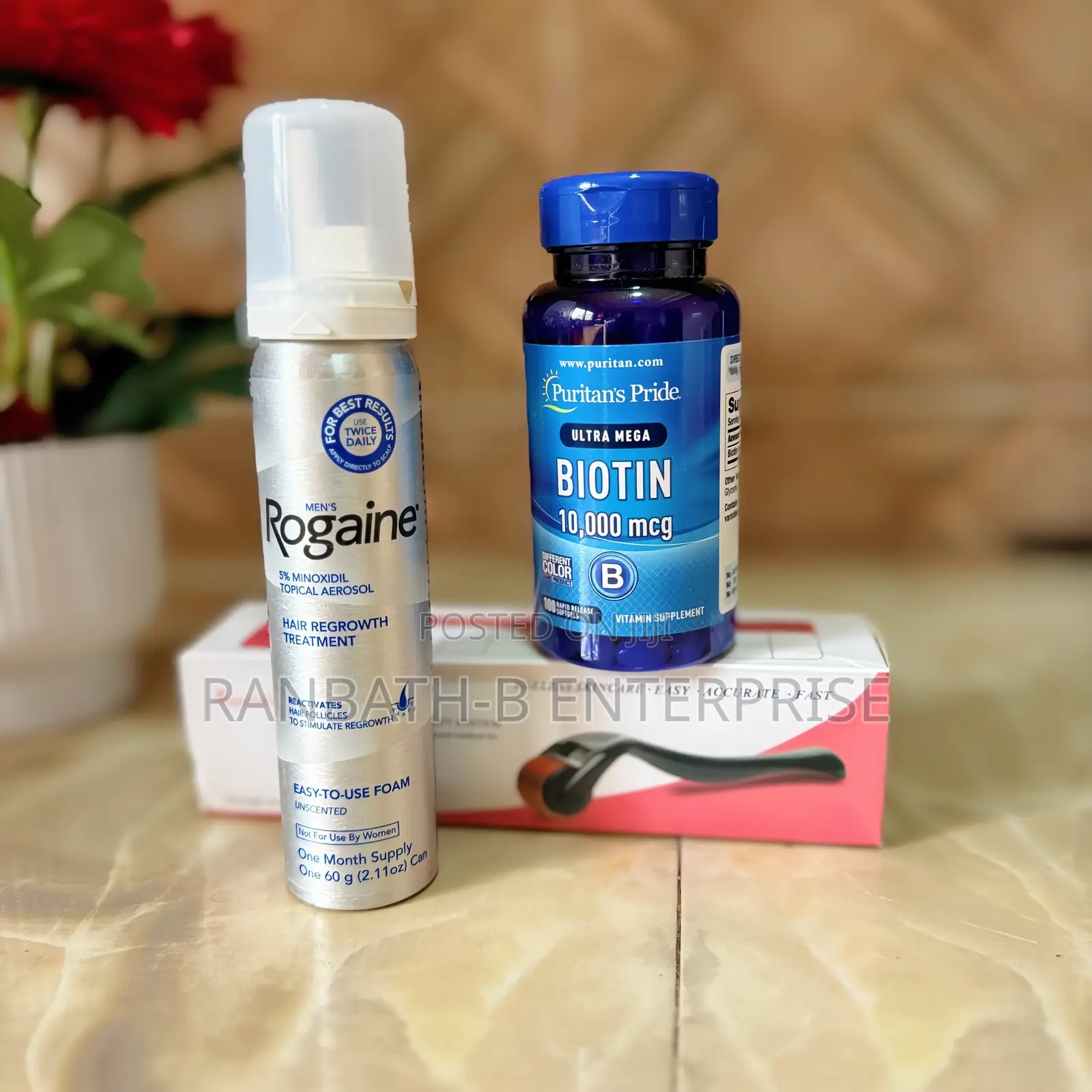 Rogaine Minoxidil Plus Puritan Biotin Plus Derma Roller