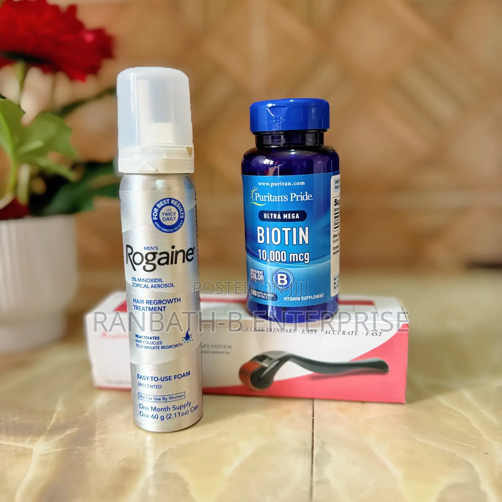 Rogaine Minoxidil Plus Puritan Biotin Plus Derma Roller