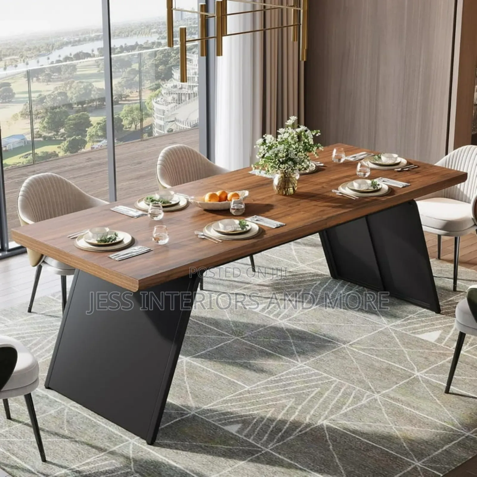 Dining Table (79") Walnut Wooden Top Black Metal Base