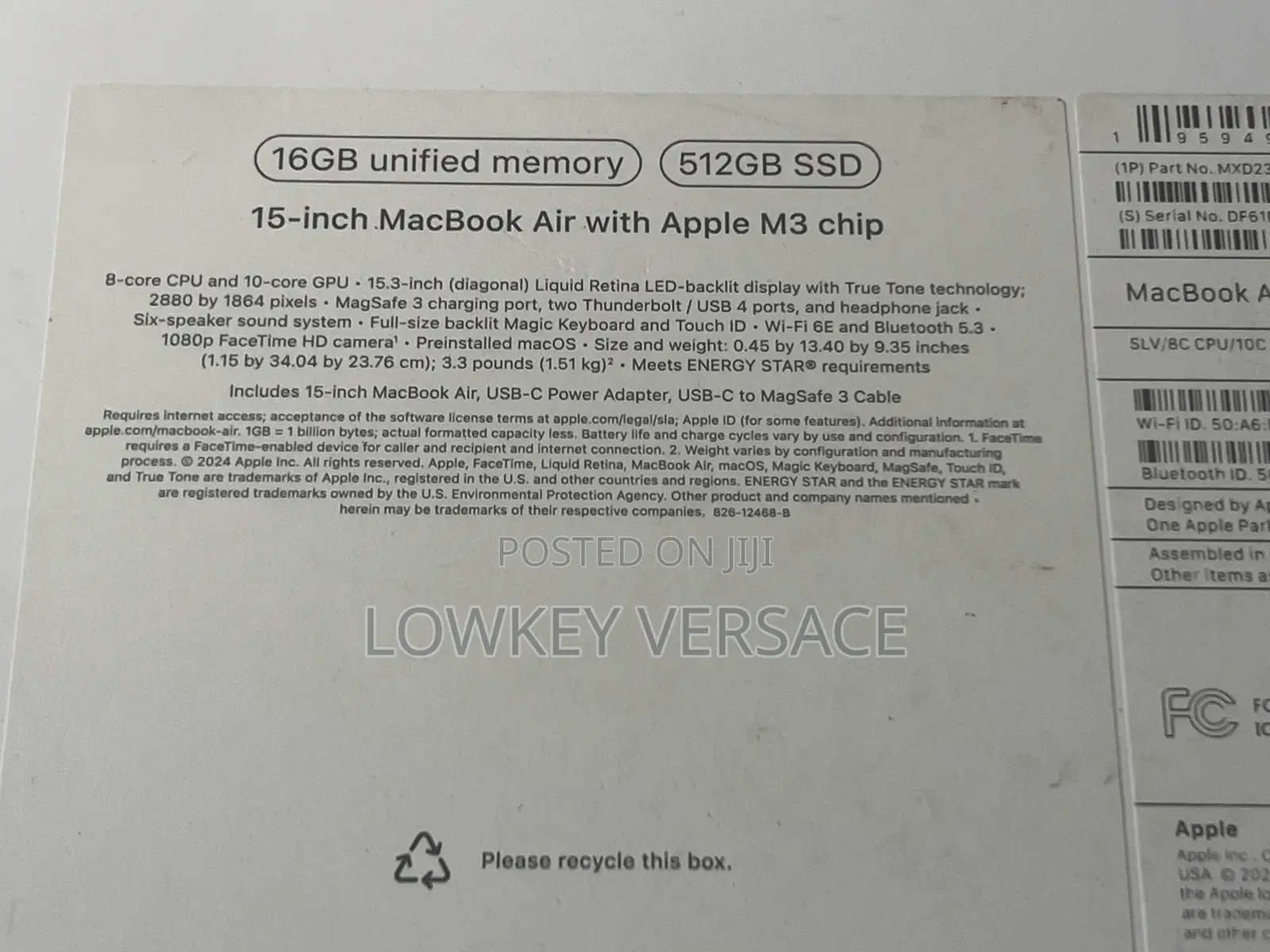 New Laptop Apple MacBook Air 2024 M3 15-inch 16GB Apple M3 SSD 512GB