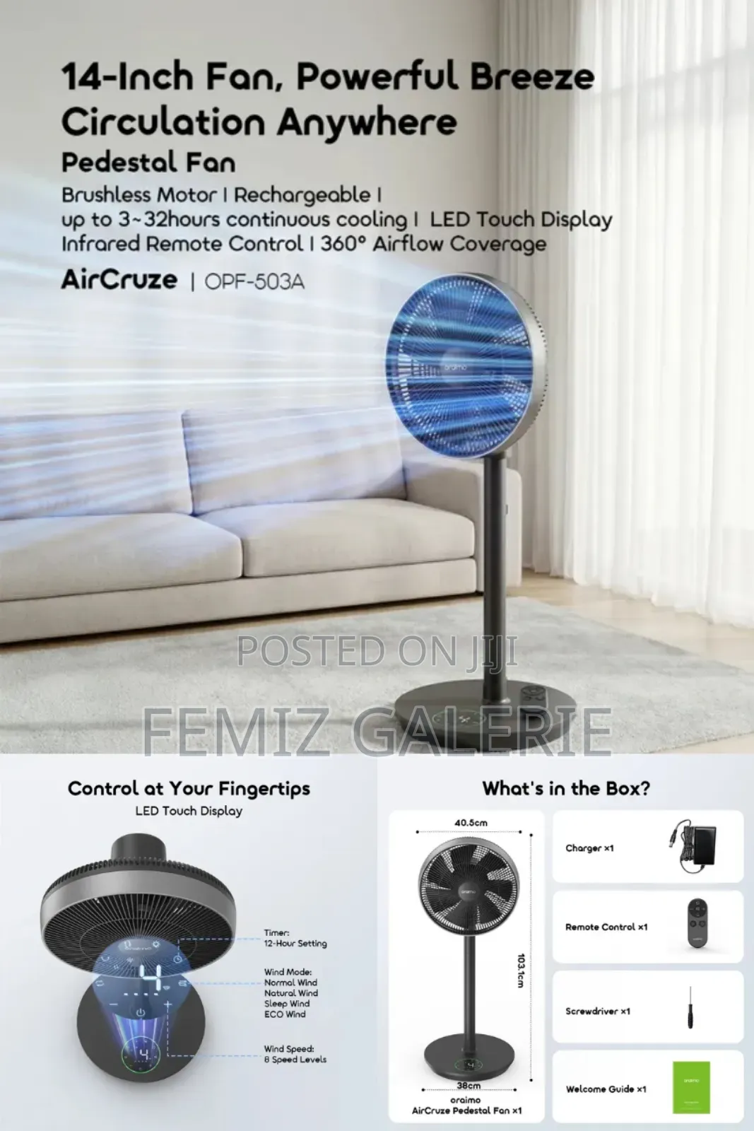 Oraimo Aircruze 14 Inch Rechargeable Pedestal Fan