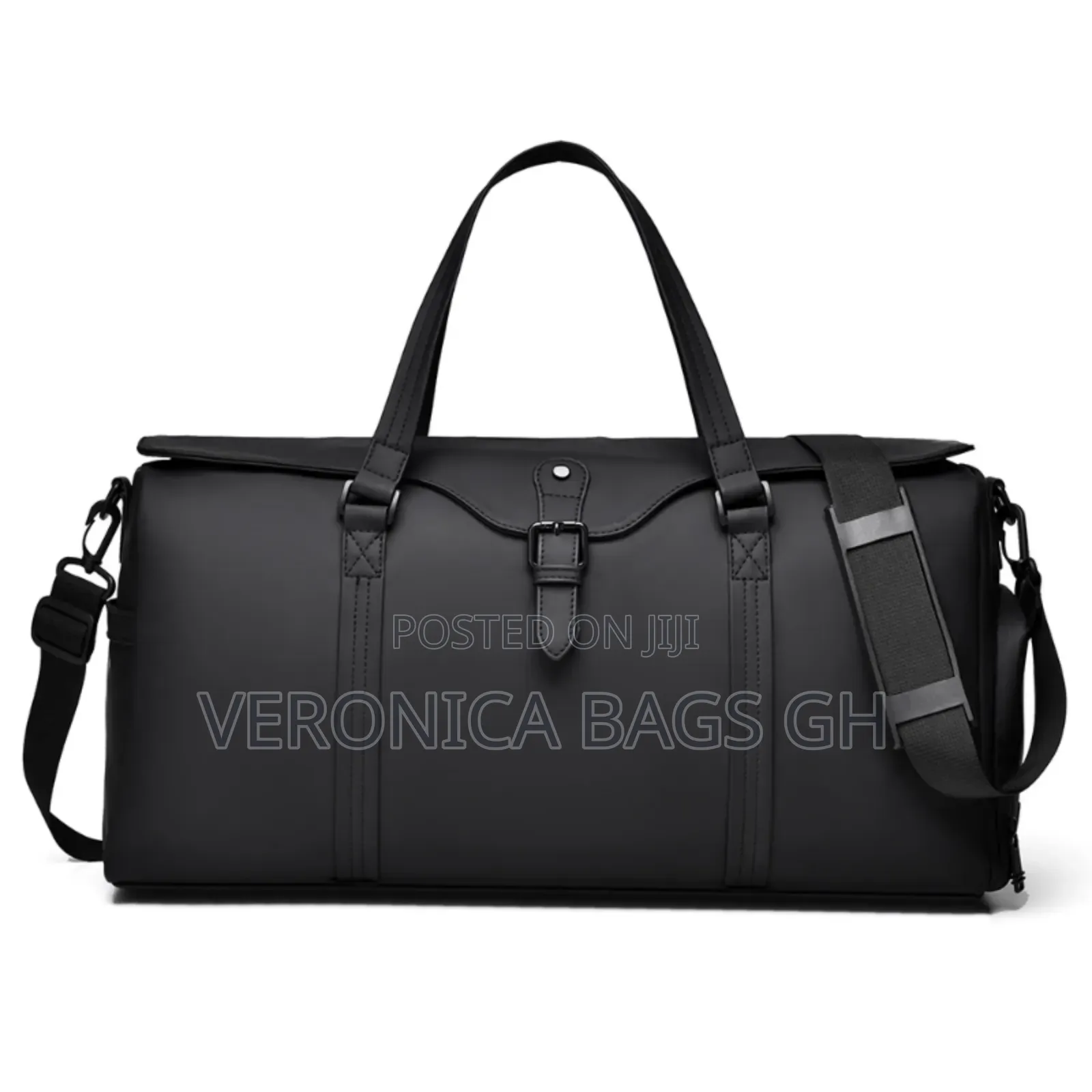 Unisex Black Leather Duffel Travel Bag