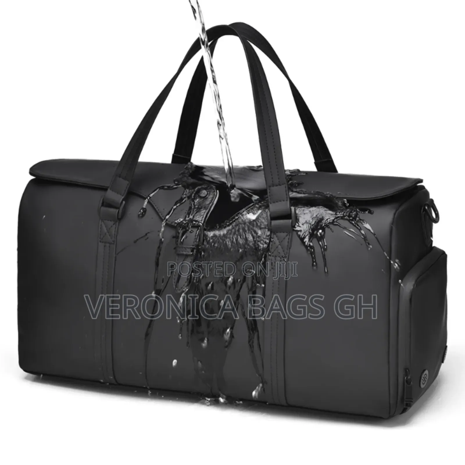 Unisex Black Leather Duffel Travel Bag