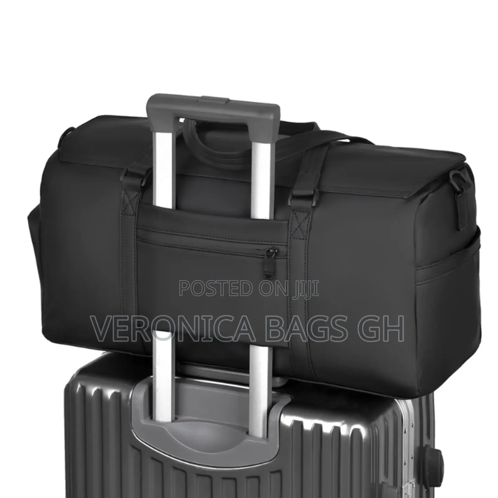 Unisex Black Leather Duffel Travel Bag