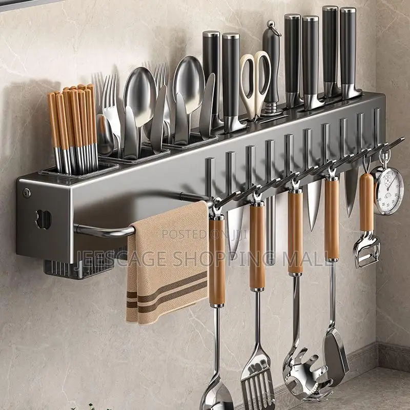Stainless Steel Wall-Mounted Kitchen Organizer Rack With Hooks