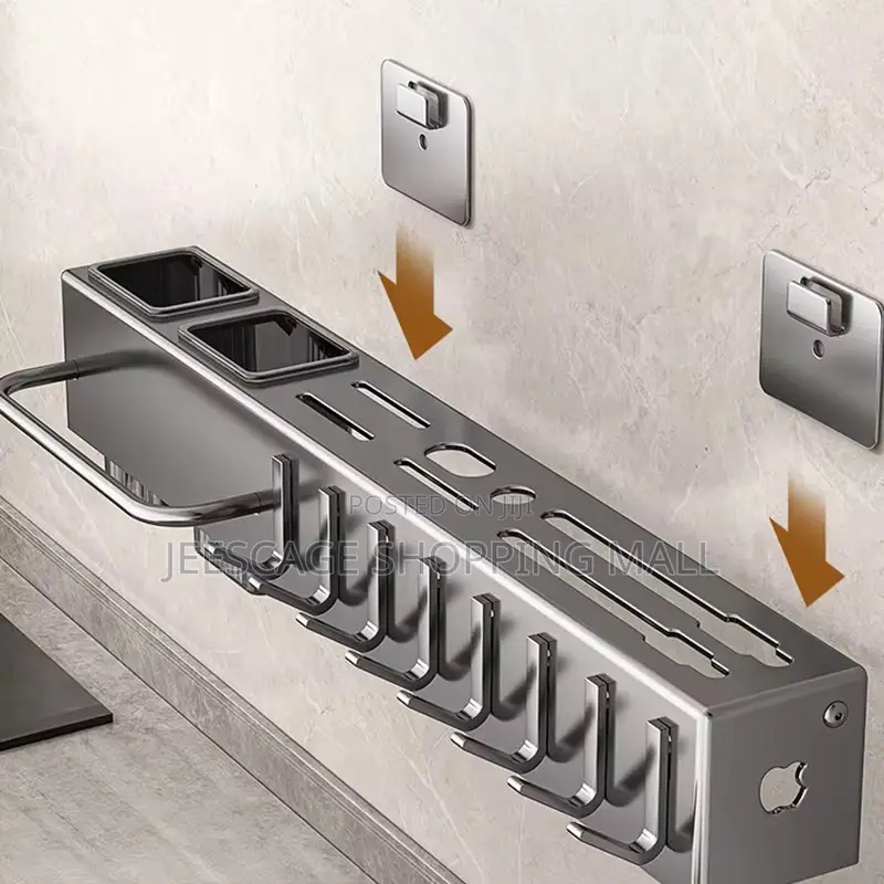 Stainless Steel Wall-Mounted Kitchen Organizer Rack With Hooks