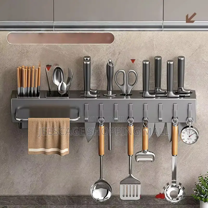 Stainless Steel Wall-Mounted Kitchen Organizer Rack With Hooks