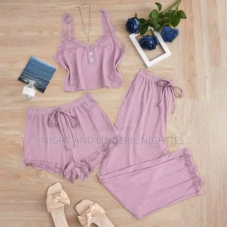 3pcs Pajamas Set for Women .Lace Edge Camisole Vest Long and Short