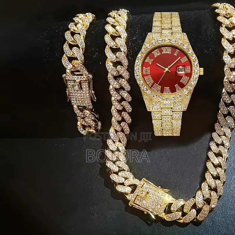 Men’S Iced-Out Watch Chain Set – 3-in-1 (Blue/Red/Green Dial)