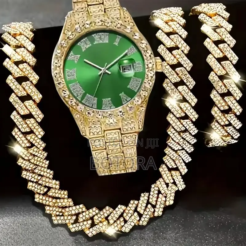 Men’S Iced-Out Watch Chain Set – 3-in-1 (Blue/Red/Green Dial)