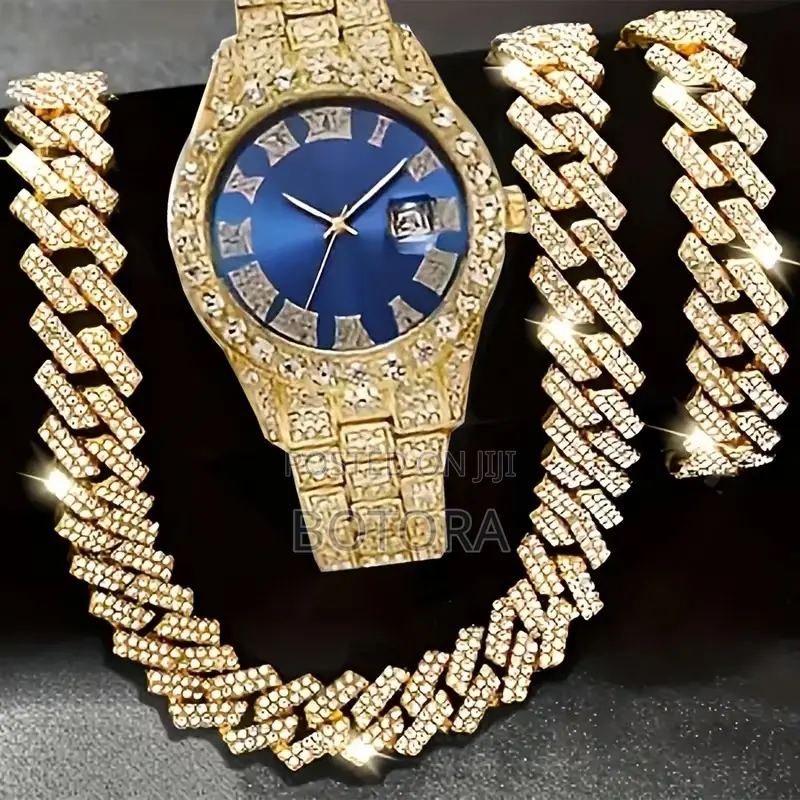 Men’S Iced-Out Watch Chain Set – 3-in-1 (Blue/Red/Green Dial)