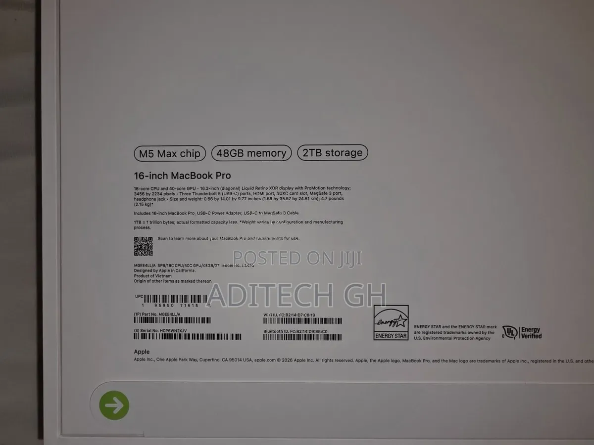 New Apple MacBook Pro 2026 M5 Max 16-inch 48GB Apple M5 Max SSD 2T