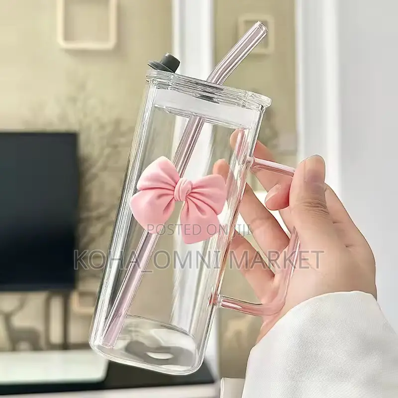 Cute Bow Glass Cup + Glass Straw (In Box)