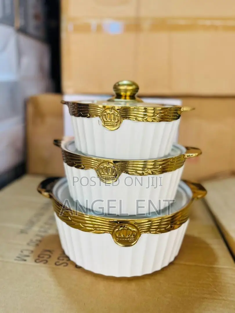 3 Piece Quality Ceramic Serving Pot Set With Glass Lids (Location:Ksi)