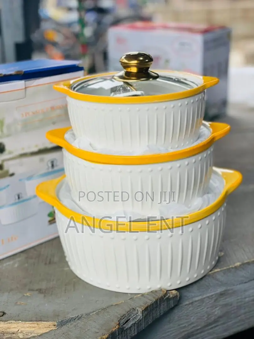 3 Piece Quality Ceramic Serving Pot Set With Glass Lids (Location:Ksi)
