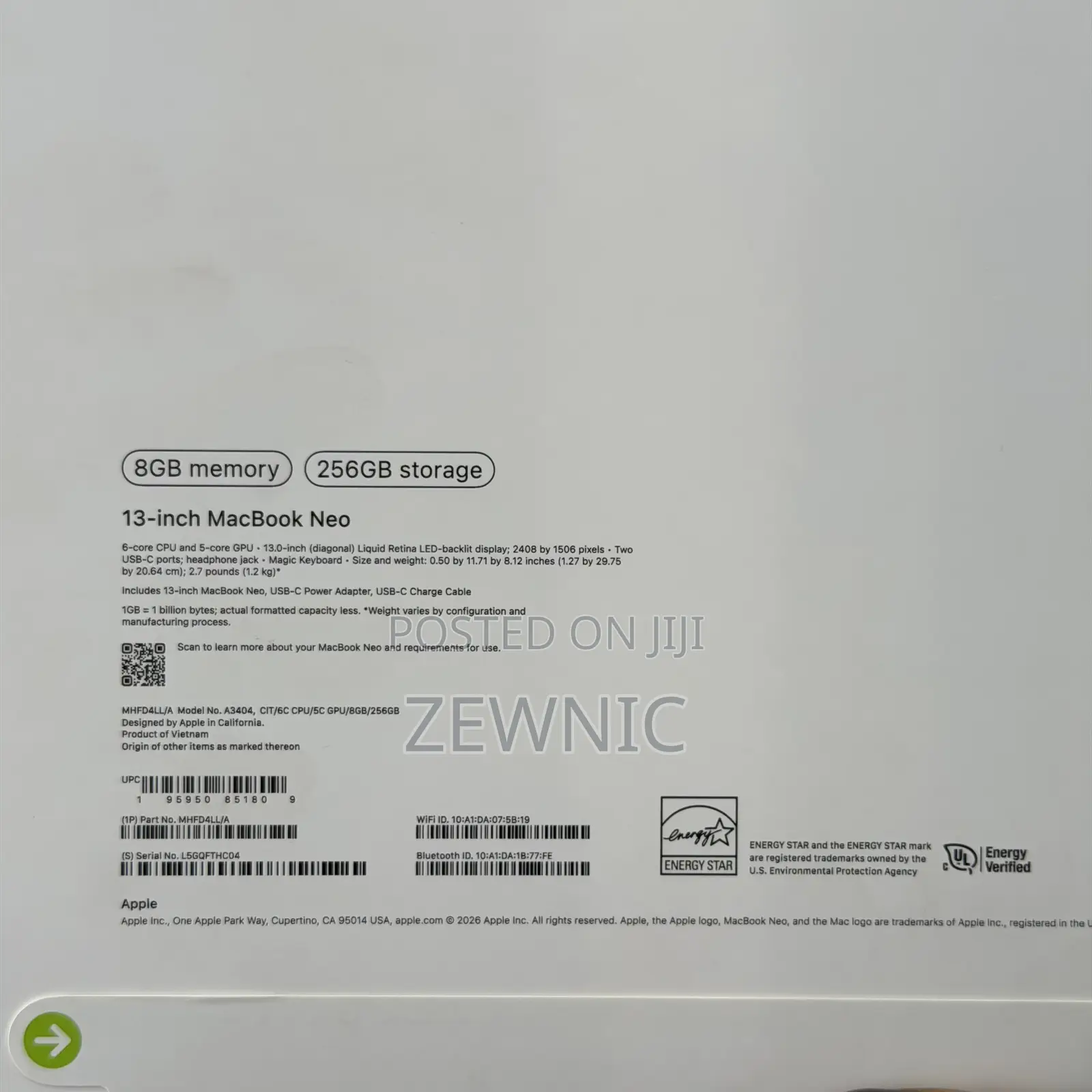New Laptop Apple MacBook Neo 2026 8GB Apple M5 SSD 256GB