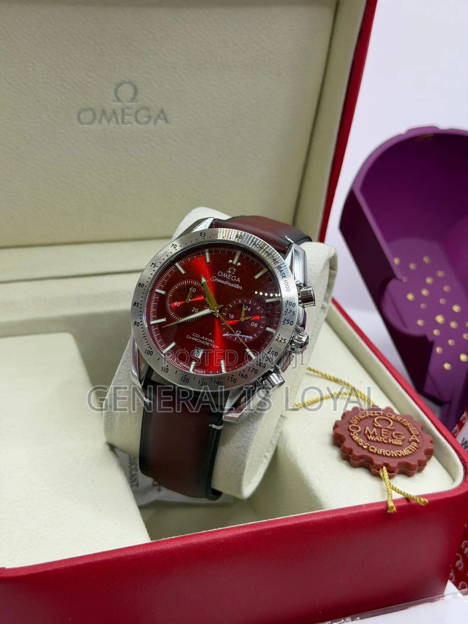 Omega Speedmaster Co-Axial Chronometer Swiss With Wine Leather Strap