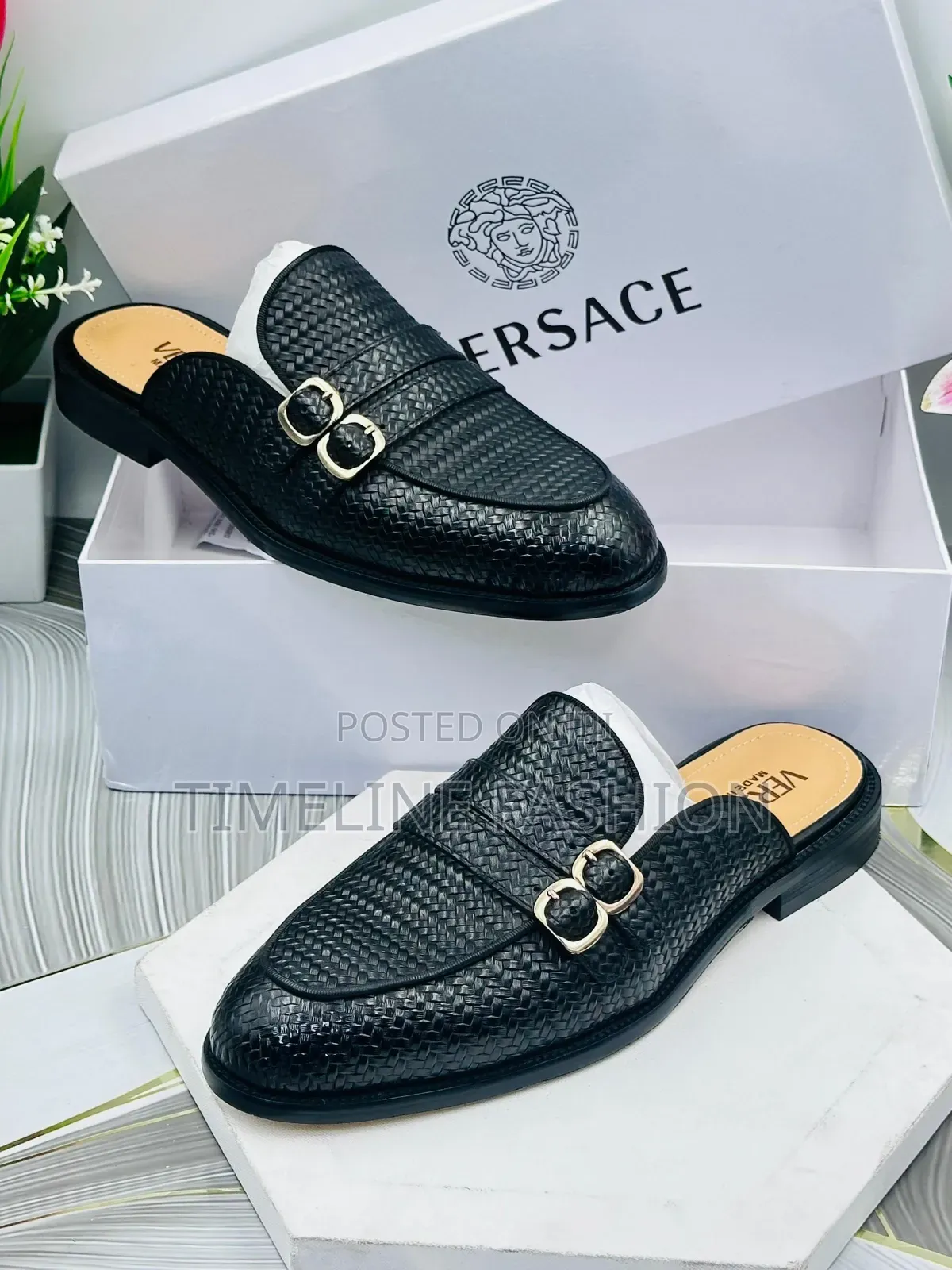 Versace Executive Men's Black Leather Double Strap Half Shoes