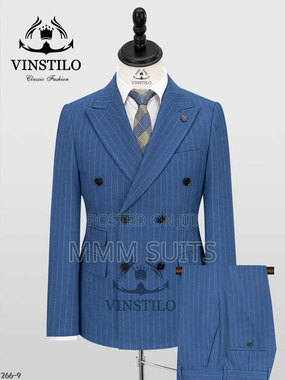 Eloquent 2-Piece Double-Breasted Vinstillo Striped Men's Suit Sea Blue