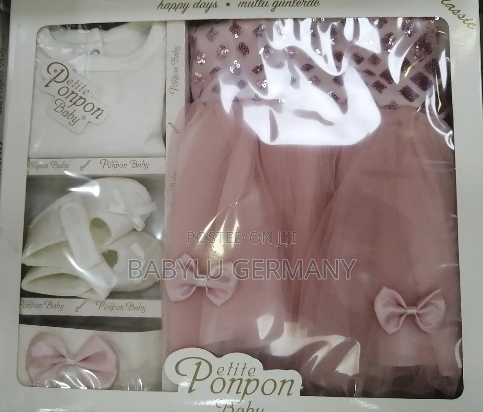 Turkey Imported Pink Baby Dress Set With Shoes, Inner Shirt, Headband