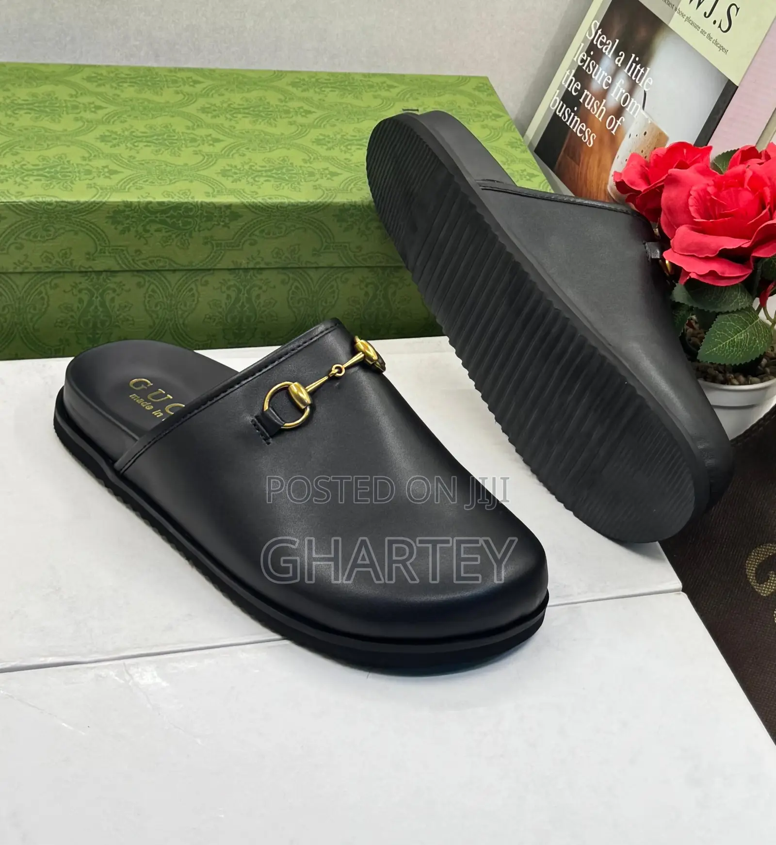 All Black Gucci Men’S Smooth Leather With Horsebit Design Men’S Slides