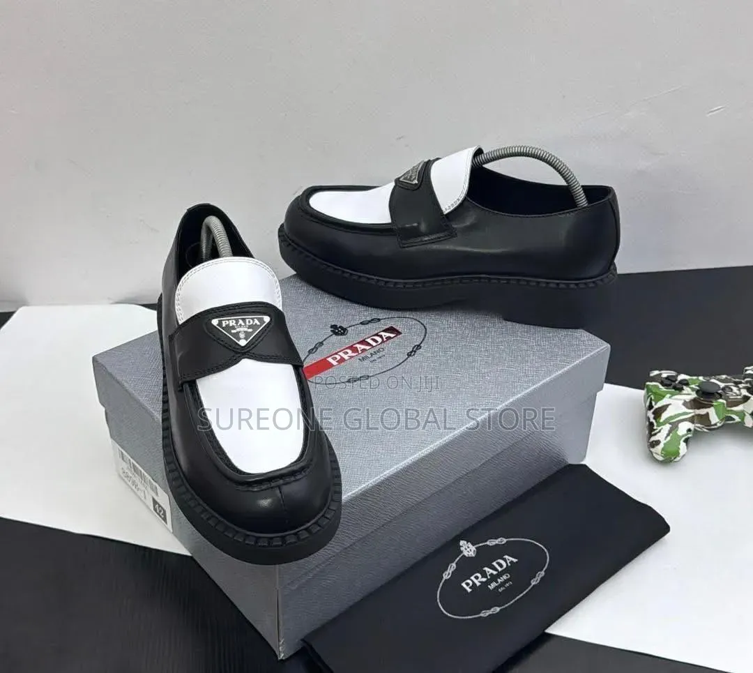 Prada Chocolate Two-Tone Brushed Leather Loafers.