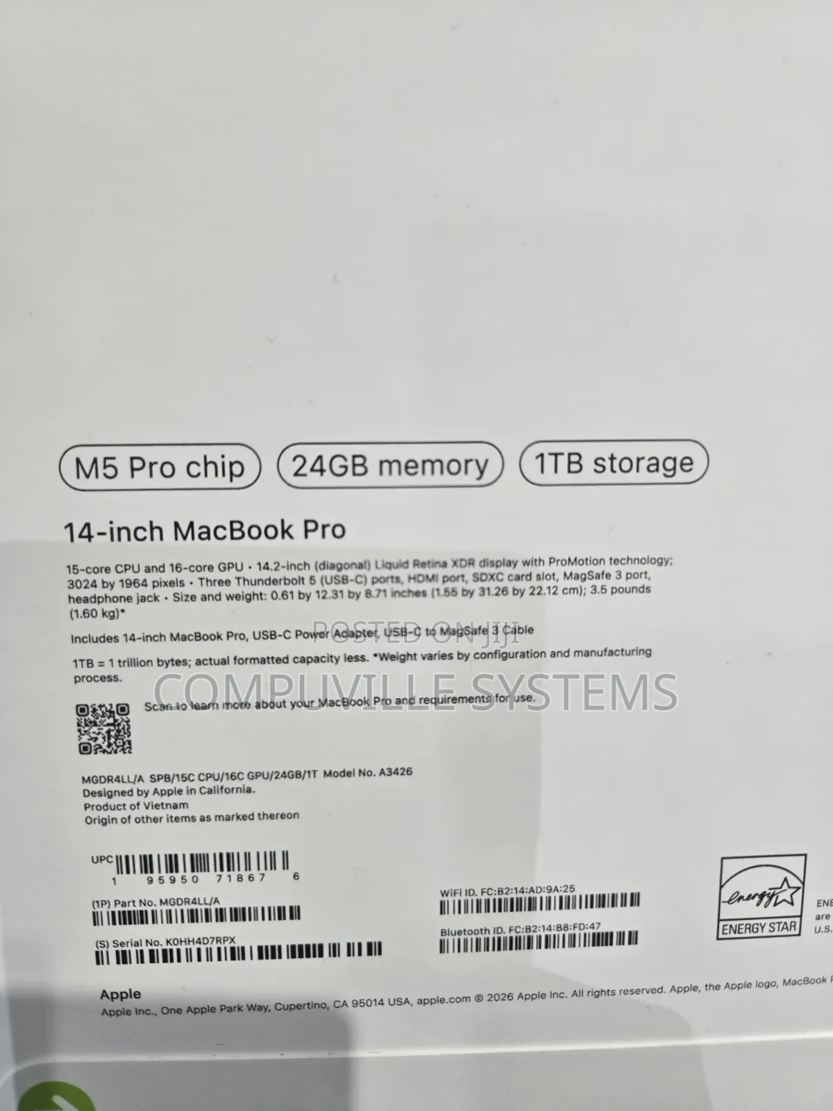 New Laptop Apple MacBook Pro 24GB Apple M5 Pro SSD 1T