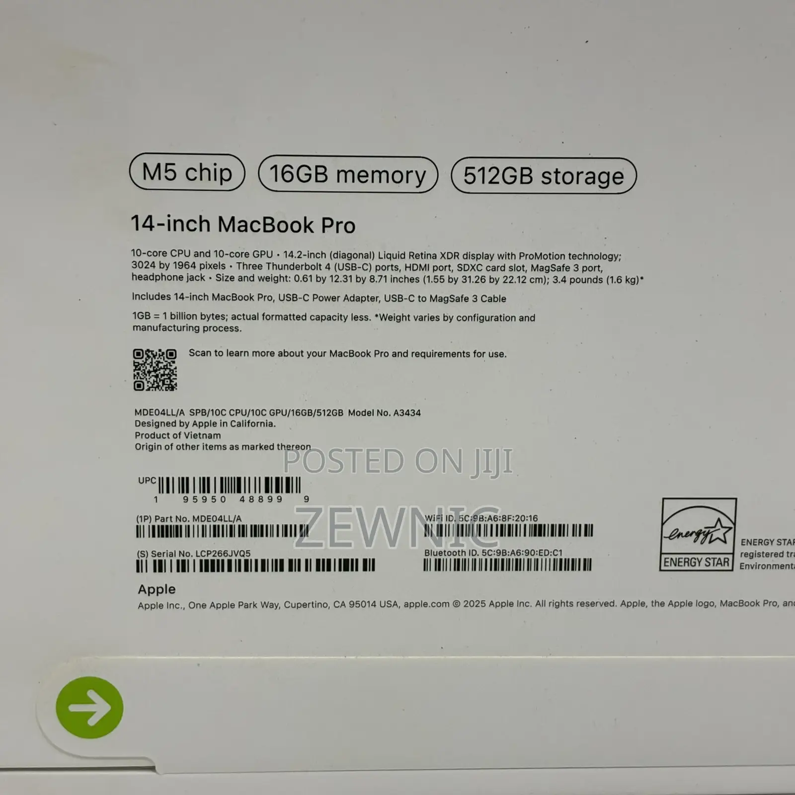 New Laptop Apple MacBook Pro 2025 M5 14-inch 16GB Apple M5 SSD 512GB