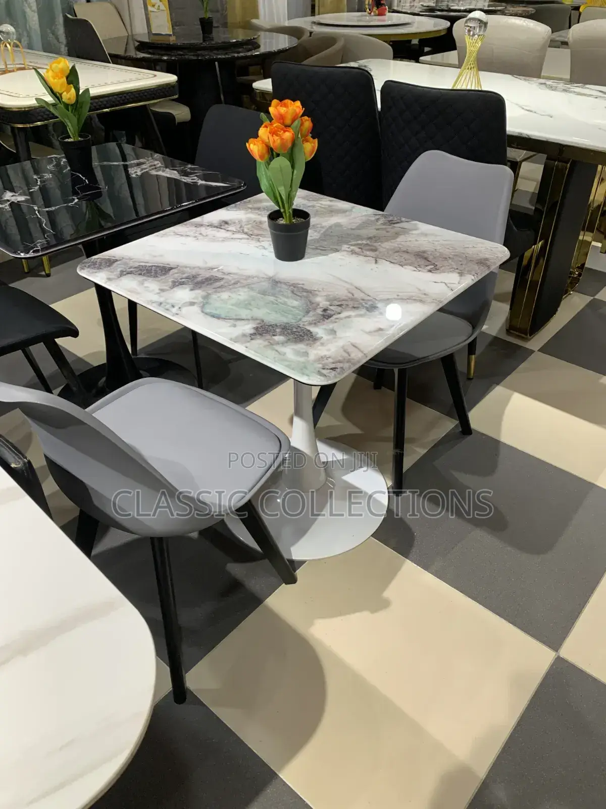 Modern 2-Seater Square Marble-Effect Dining Set With Pedestal Base
