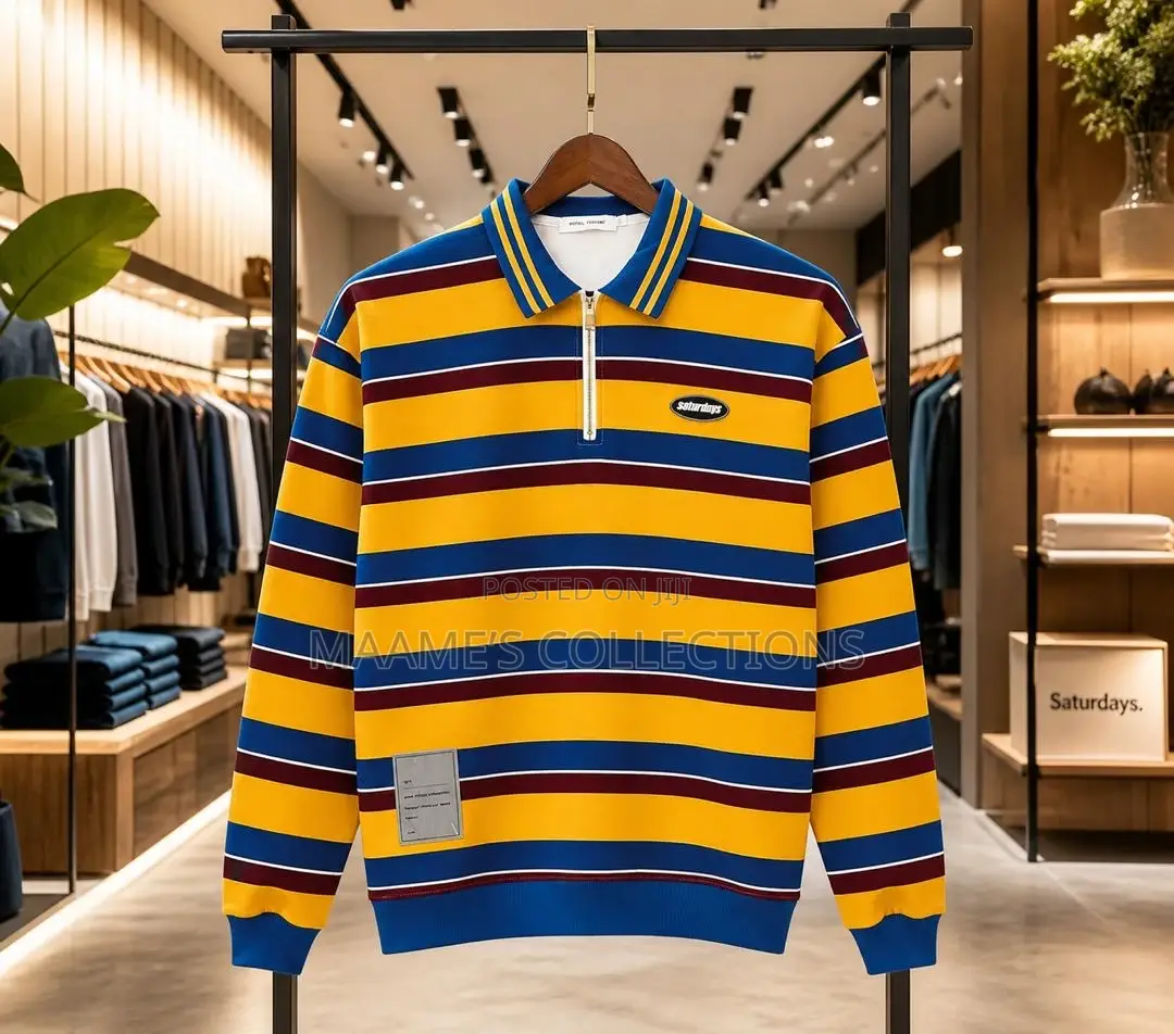 Men’S Striped Long-Sleeved Polo Sweatshirt With a Partial Zip