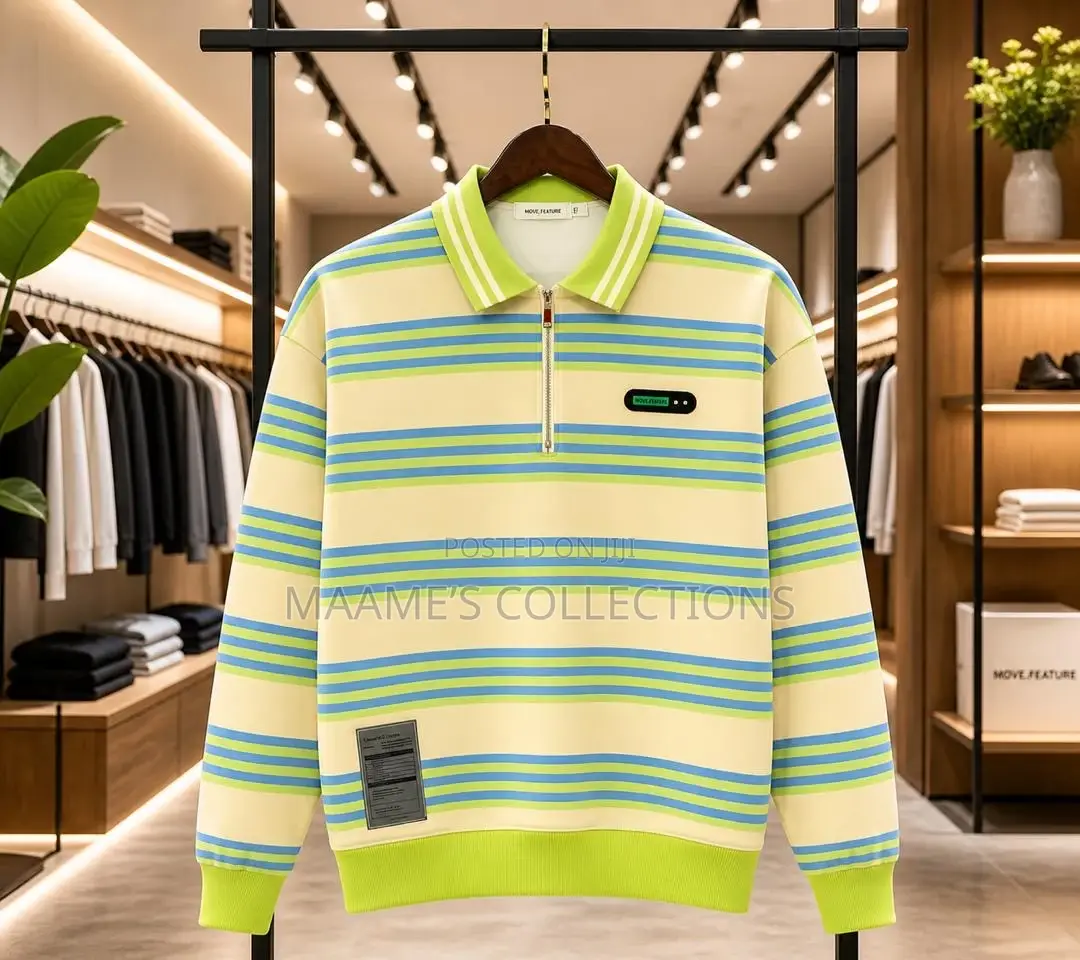 Men’S Striped Long-Sleeved Polo Sweatshirt With a Partial Zip