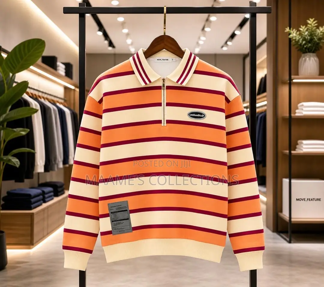 Men’S Striped Long-Sleeved Polo Sweatshirt With a Partial Zip