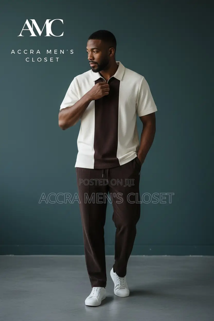 Men's 2-Piece Casual Set - V-Neck, Colour Block Polo Trouser Sets