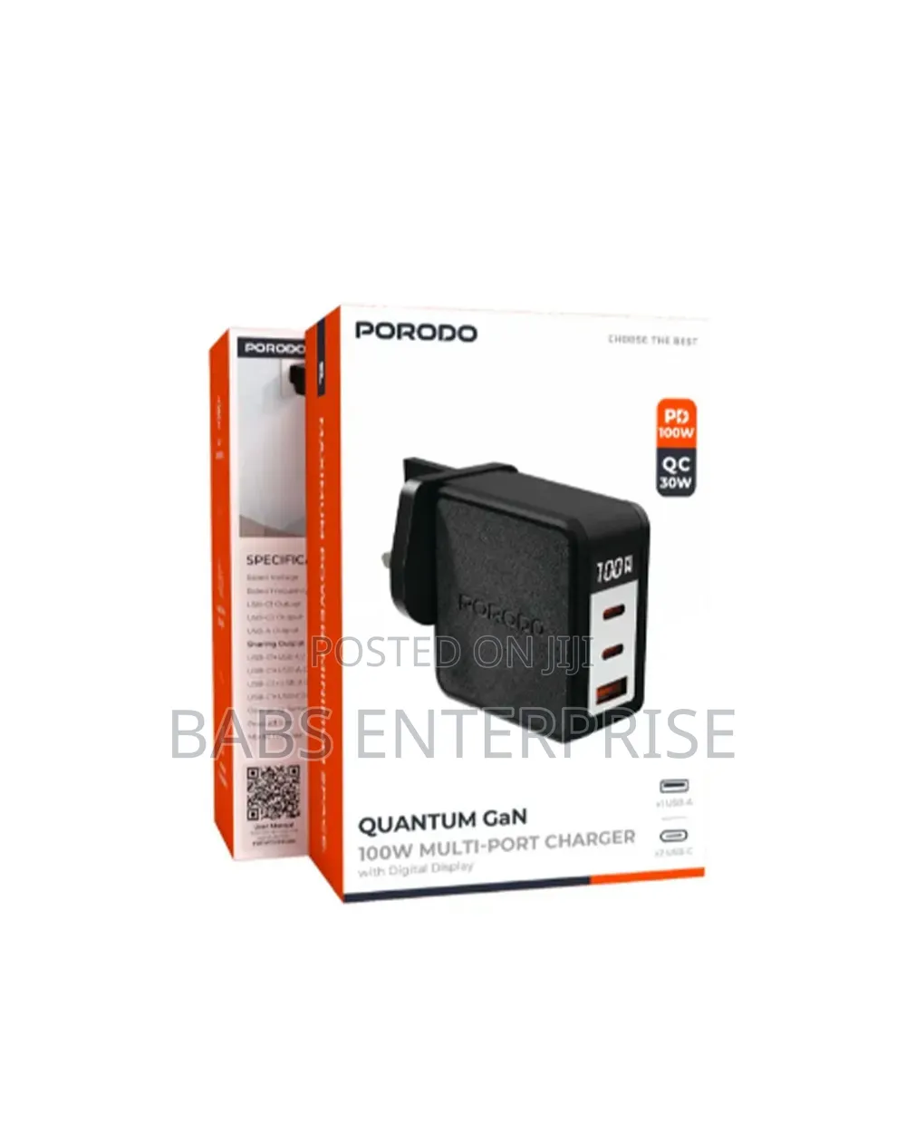 Porodo Quantum Gan 100w C+C+A Uk Gan Charger With Digital Screen Black
