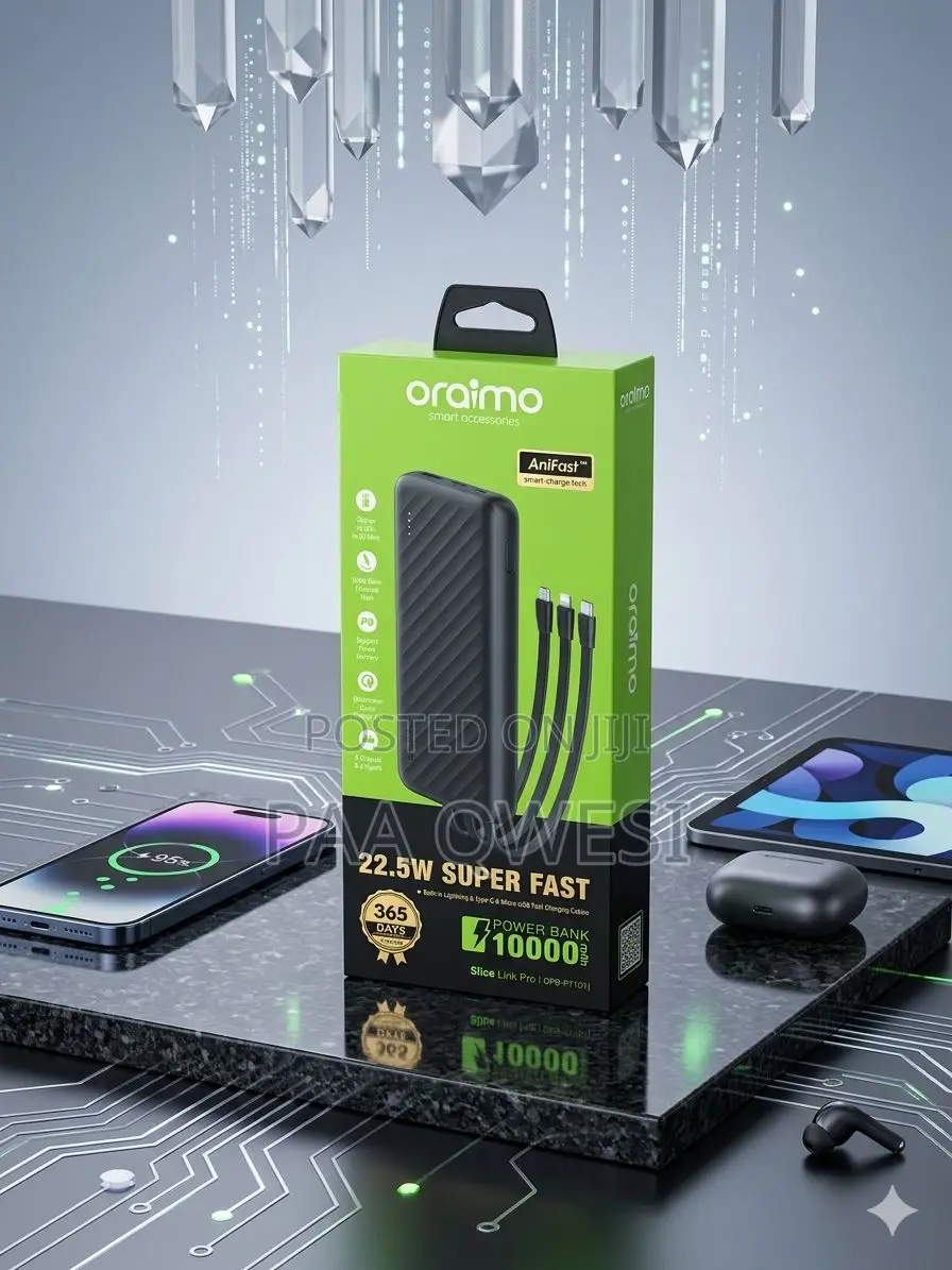 Oraimo 10000mah Portable Charger 22.5w – Built-in Wire