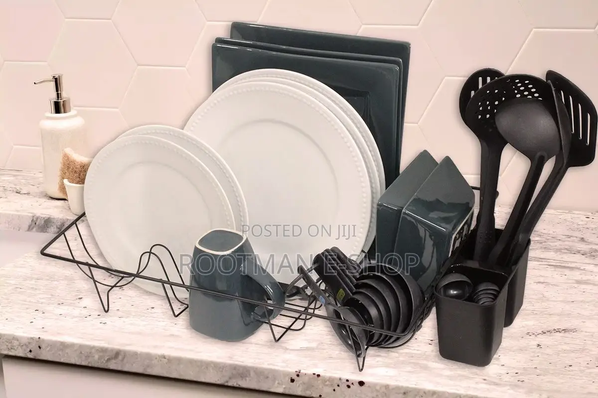 Stainless Steel Wire Frame Dish Drying Rack With Dual Cutlery Drip Cup