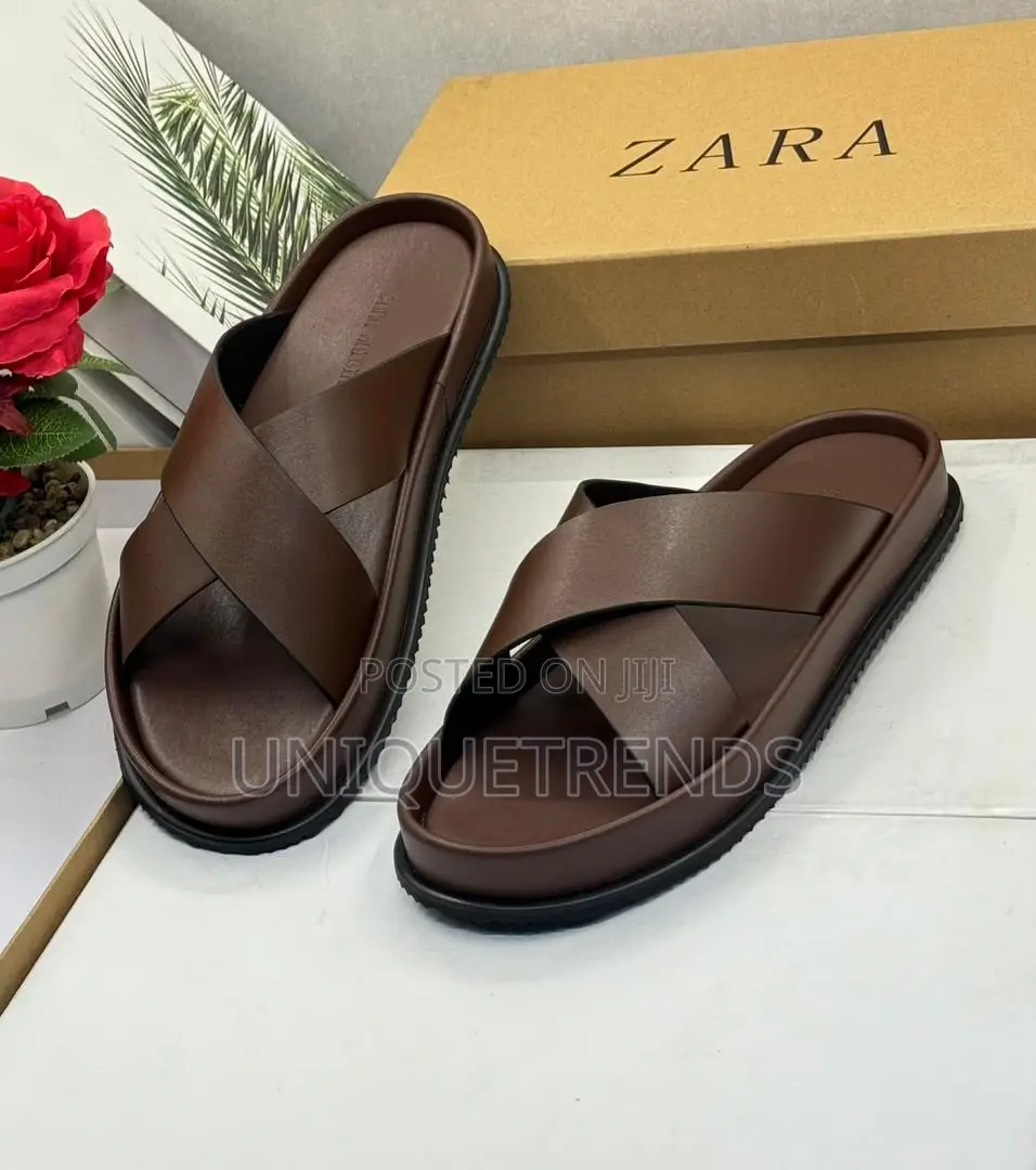 Quality Zara Cross-Strap Leather Sandals (Coffee)