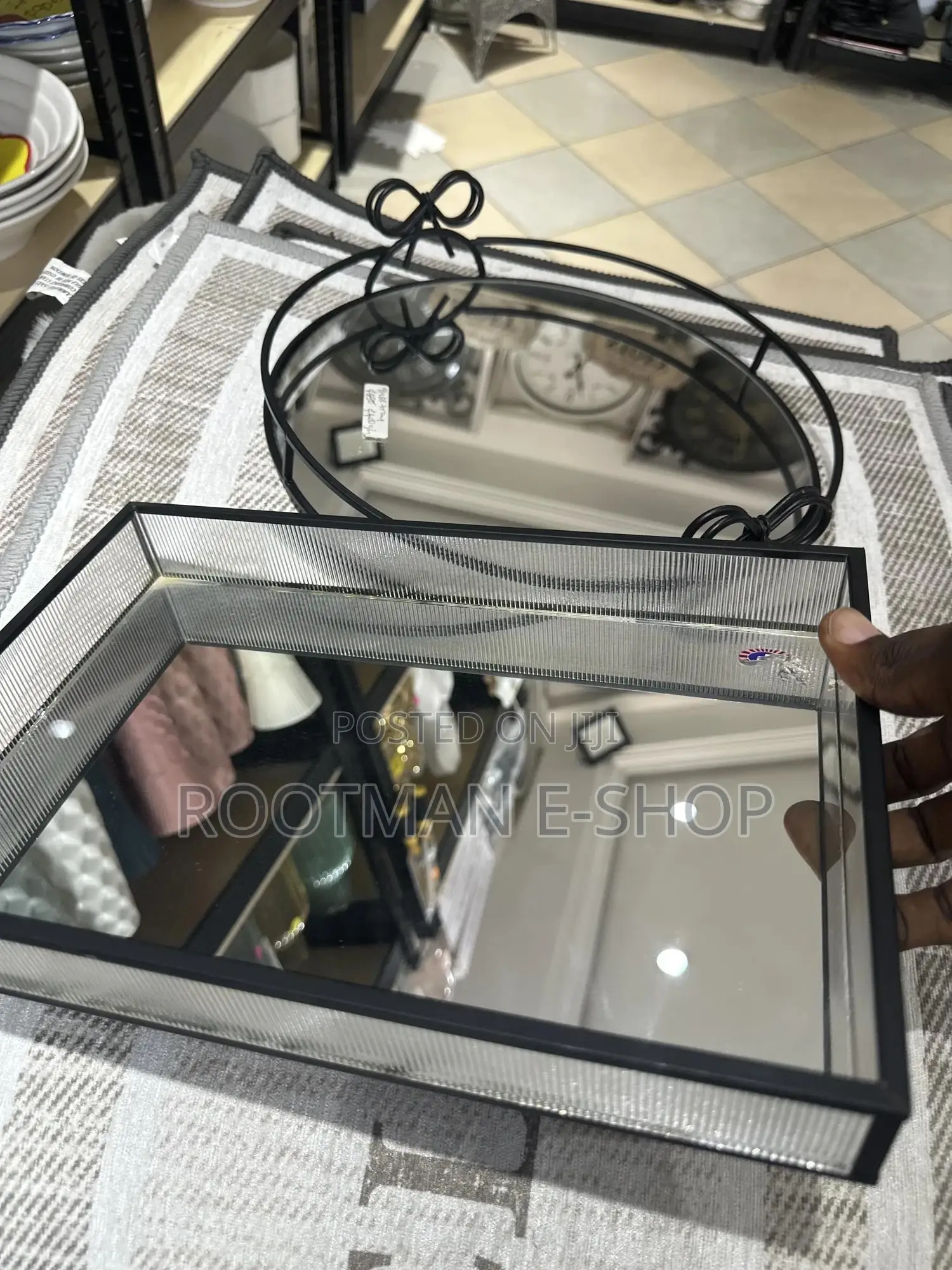Decorative Mirrored Trays Featuring Textured Glass And Black Metal
