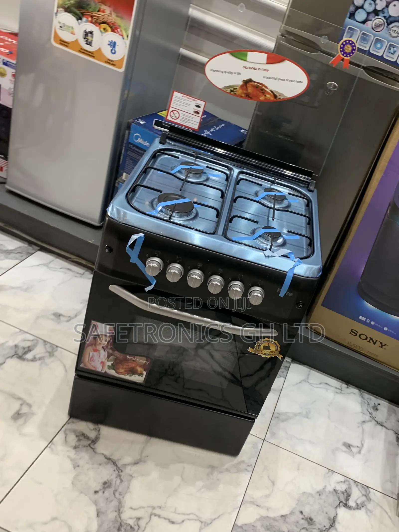 Secure Black Ferre 60x60 4 Burner Gas Cooker, Auto Ignition, Red