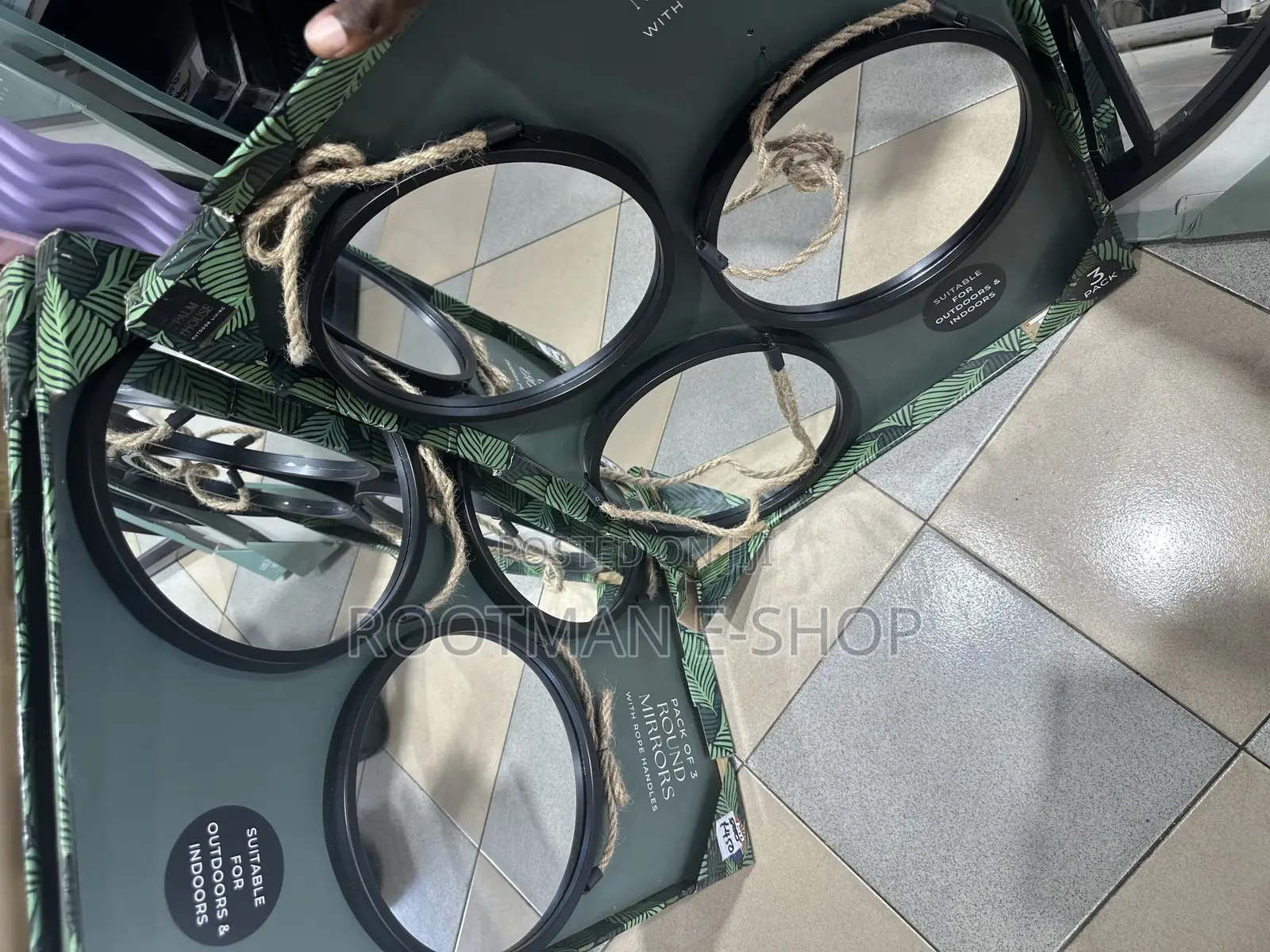 Set of 3 Round Wall Mirrors Black Gold Speckle Frame /Rustic Hangers