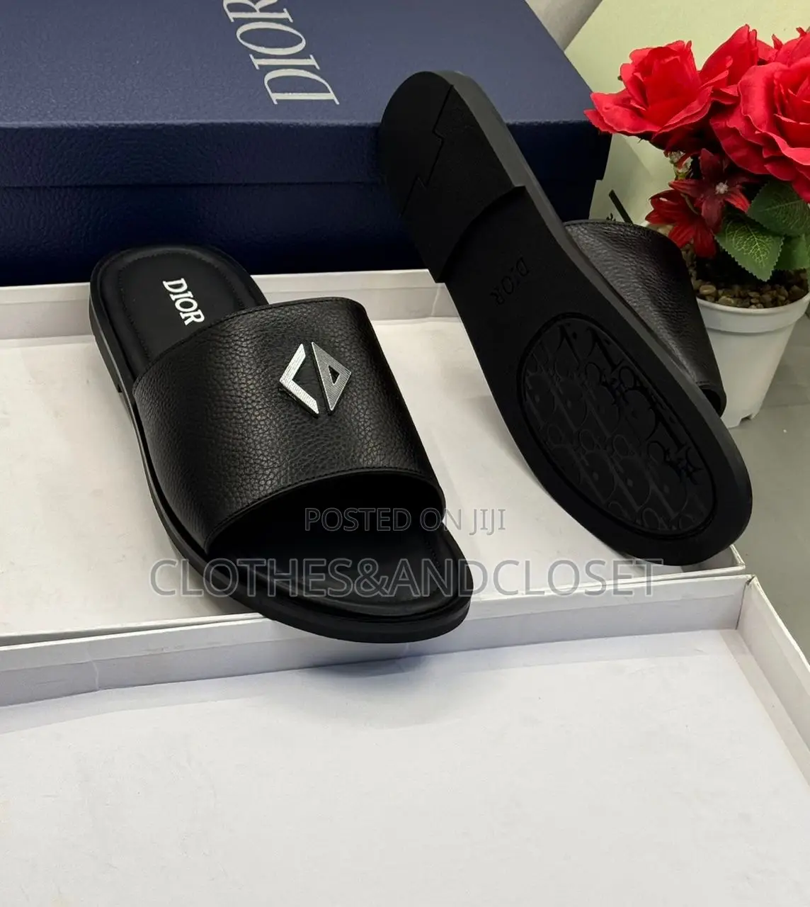 Black Dior Leather Slides Featuring a Silver-Toned Cd Monogram Buckle