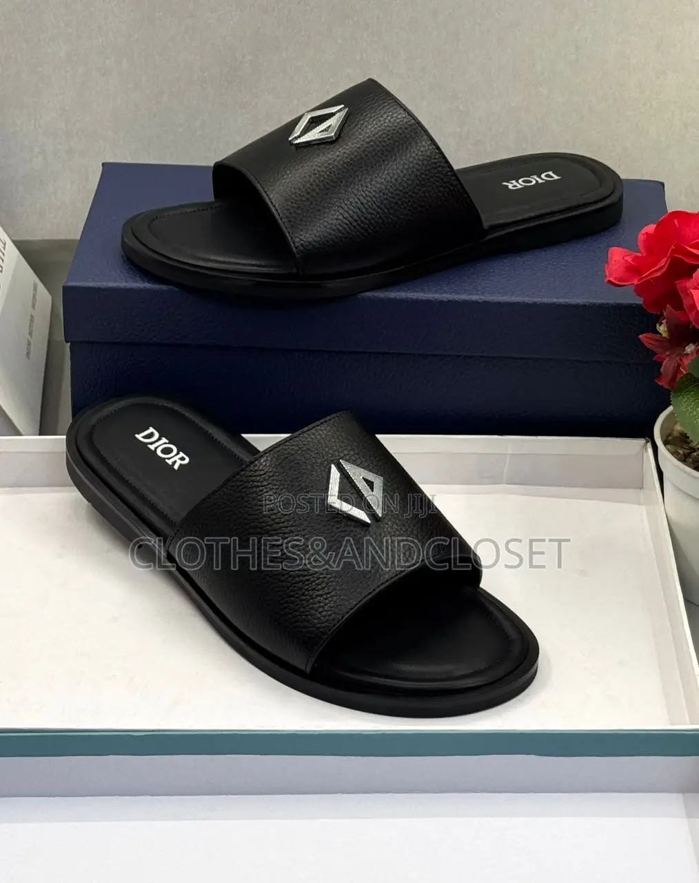 Black Dior Leather Slides Featuring a Silver-Toned Cd Monogram Buckle